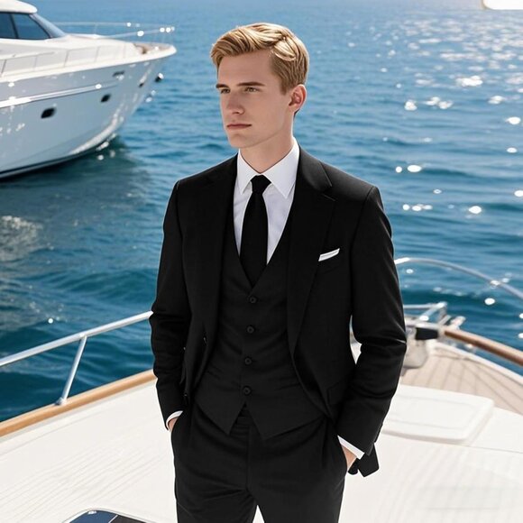 Men's Regular Fit 3-Piece Black Suit - Slim Fit Blazer, Vest & Pants - XXL - Picture 2 of 6